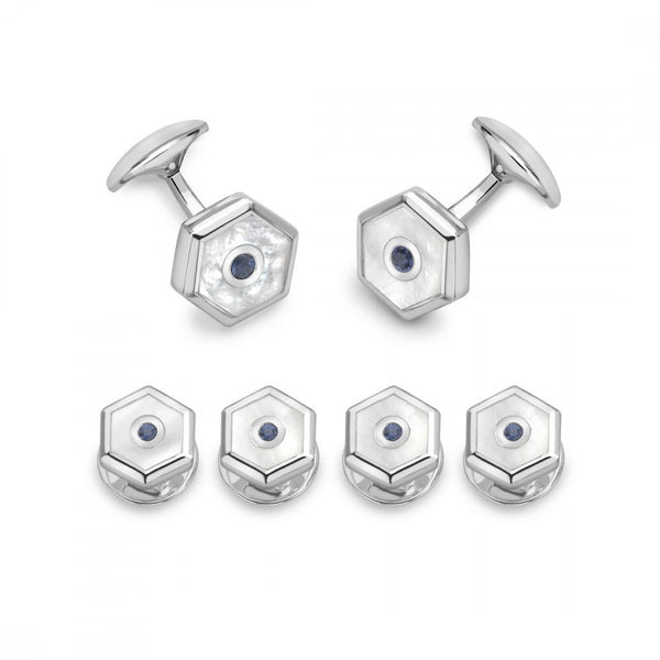 deakin & francis Sterling Silver Hexagonal Dress Stud Set - Mother-of-Pearl & Sapphire
