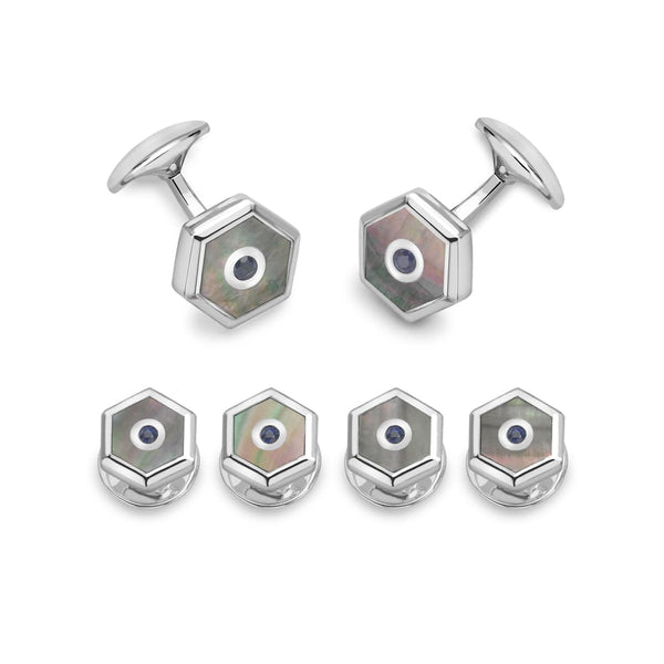 deakin & francis Sterling Silver Hexagonal Grey Mother-Of-Pearl And Sapphire Dress Set