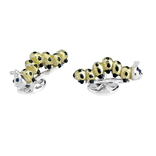 deakin & francis Sterling Silver Lemon Yellow and Black Enamel Caterpillar Cufflinks