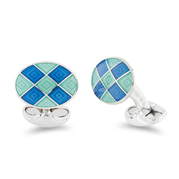 deakin & francis Sterling Silver Light Blue And Turquoise Enamel Chequer Pattern Cufflinks