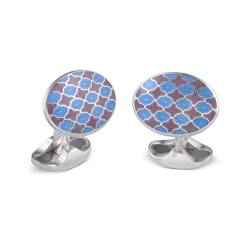 deakin & francis Sterling Silver Lilac and Denim Blue Enamel Pattern Cufflinks