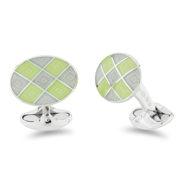 deakin & francis Sterling Silver Lime Green And Grey Enamel Chequer Pattern Cufflinks
