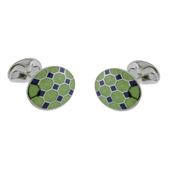 deakin & francis Sterling Silver Lime Green And Navy Blue Enamel Pattern Cufflinks