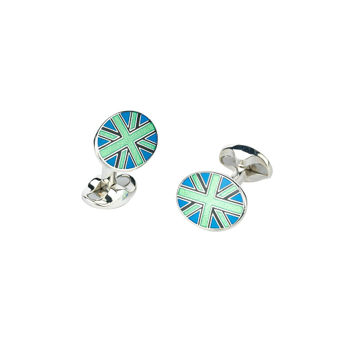 deakin & francis Sterling Silver Lime Green Black and Blue Union Jack Cufflinks