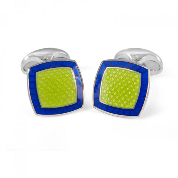 deakin & francis Sterling Silver Lime Green Enamel Cufflinks with Nitric Blue Border