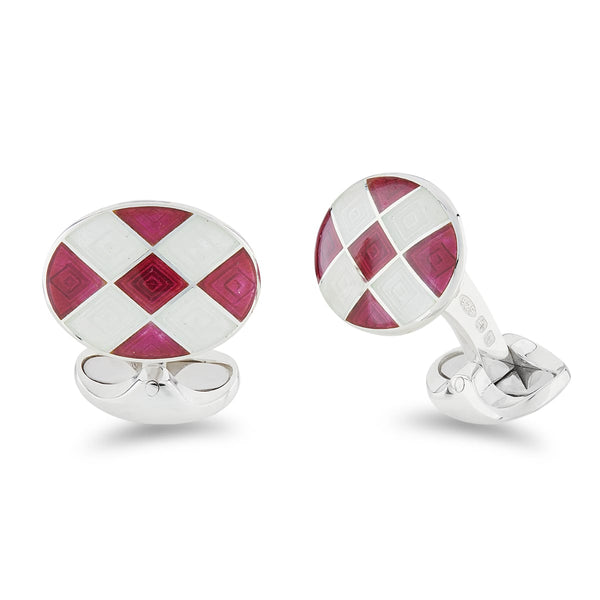 deakin & francis Sterling Silver Magenta And Clear Enamel Chequer Pattern Cufflinks