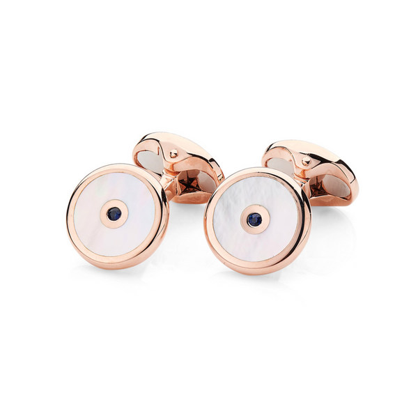 deakin & francis Sterling Silver Mother of Pearl And Sapphire Cufflinks In Rose Gold