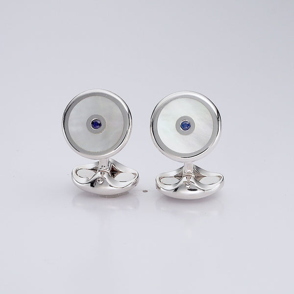 Deakin & Francis Sterling Silver Mother Of Pearl And Sapphire Round Cufflinks