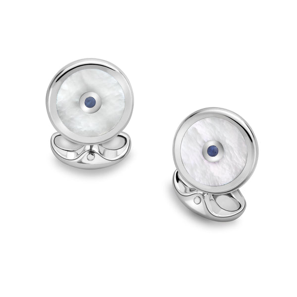 deakin & francis Sterling Silver Mother of Pearl and Sapphire Round Cufflinks