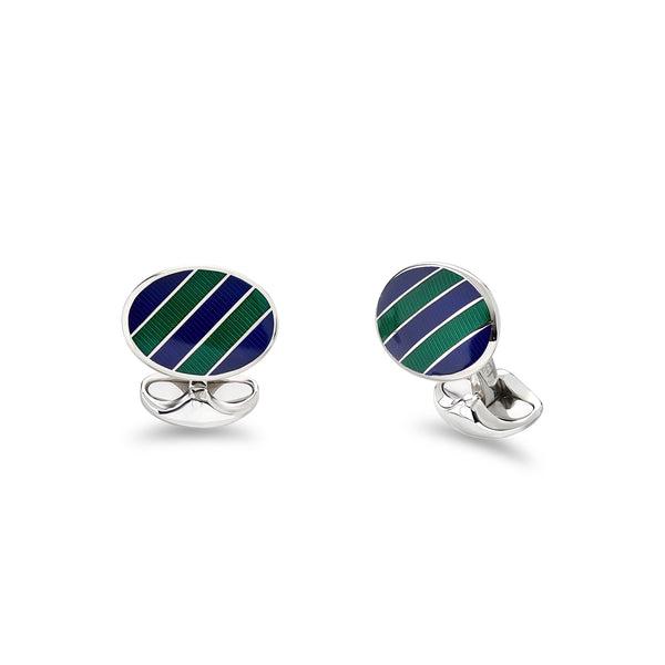 deakin & francis Sterling Silver Navy And Green Enamel Stripe Cufflinks