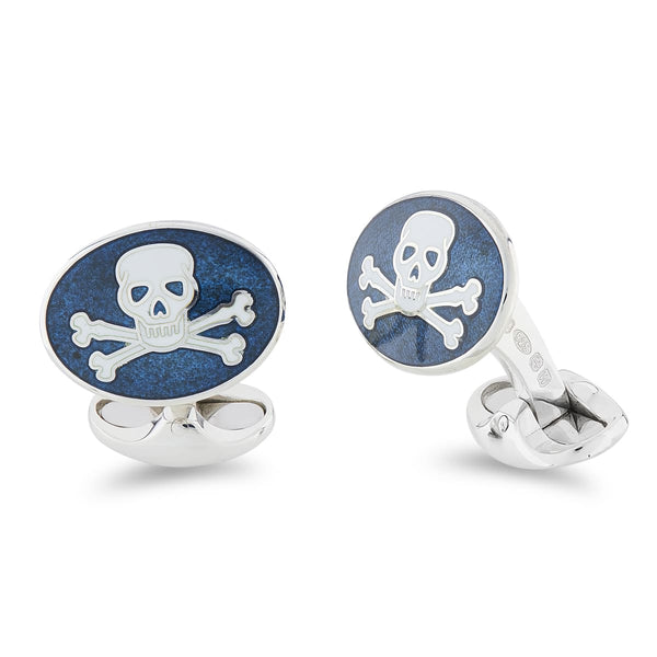 deakin & francis Sterling Silver Navy Blue Skull And Cross Bones Enamel Cufflinks