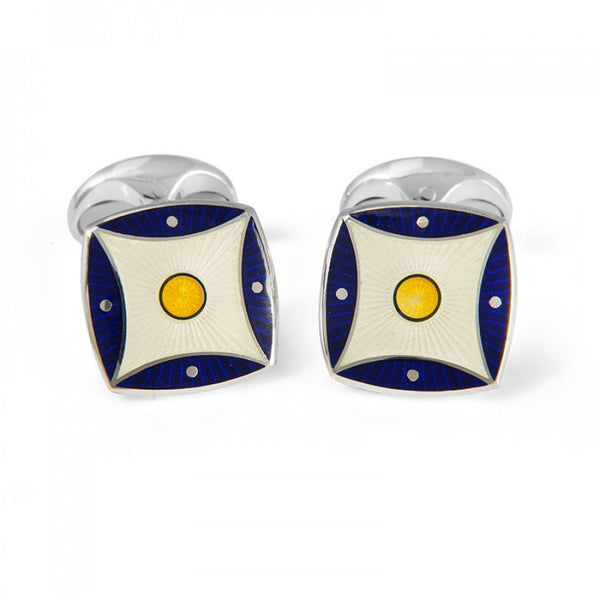 deakin & francis Sterling Silver Navy Blue & Yellow Pattern Enamel Cufflinks