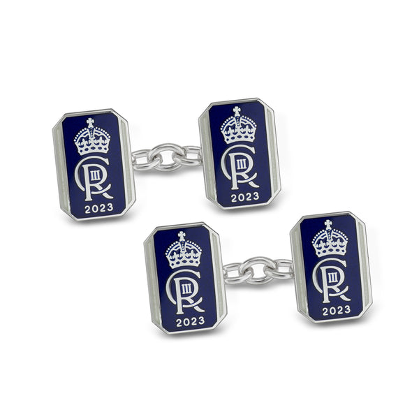 deakin & francis Sterling Silver Oblong Chain Link Coronation Cufflinks - Blue Cufflinks