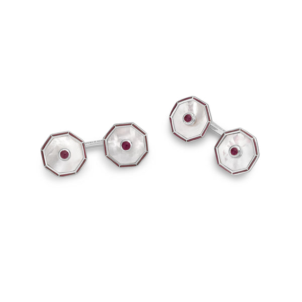 deakin & francis Sterling Silver Octagonal Cufflinks with Mother-of-Pearl and Ruby
