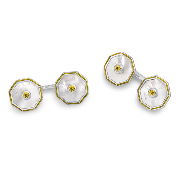 deakin & francis Sterling Silver Octagonal Cufflinks with Mother-of-Pearl and Yellow Sapphire