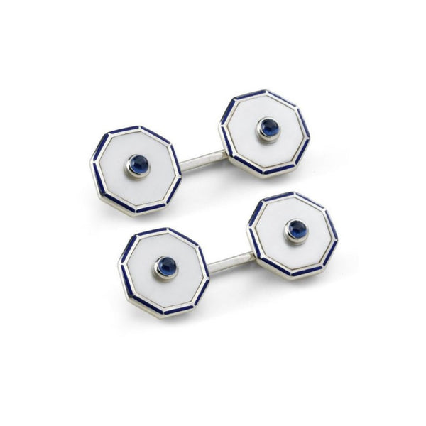 deakin & francis Sterling Silver Octagonal Cufflinks with Mother-of-Pearl and Sapphire Centre