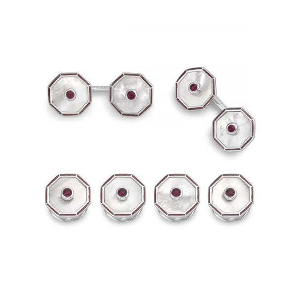 deakin & francis Sterling Silver Octagonal Mother Of Pearl And Ruby Dress Set