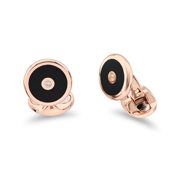 deakin & francis Sterling Silver Onyx Inlay Cufflinks With Diamond Centre In Rose Gold