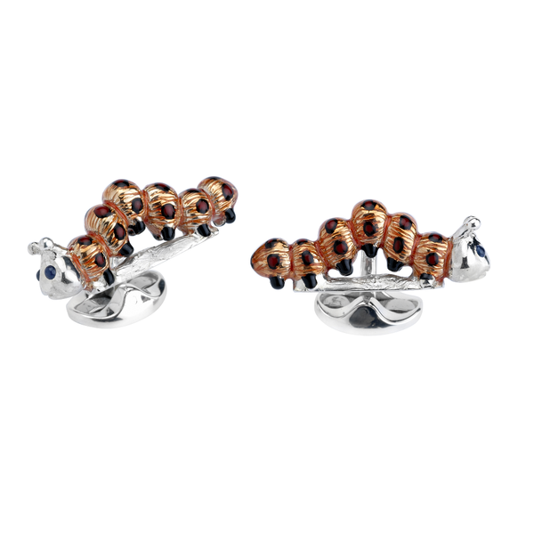 deakin & francis Sterling Silver Orange and Red Enamel Caterpillar Cufflinks
