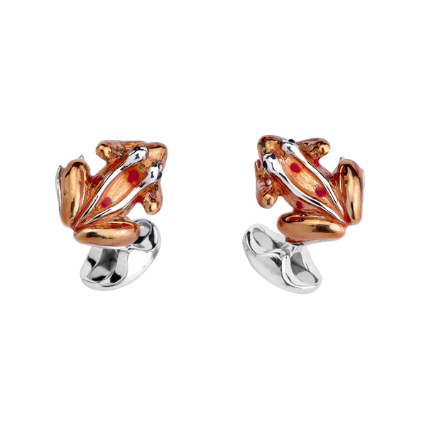 deakin & francis Sterling Silver Orange And Red Enamel Frog Cufflinks