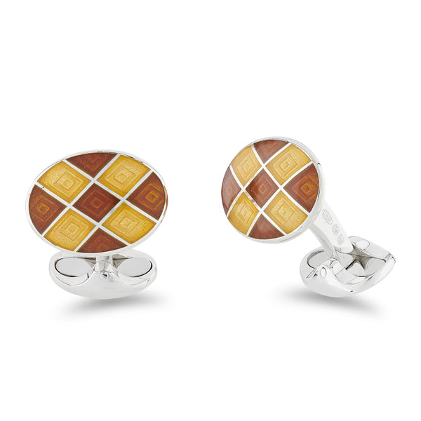 deakin & francis Sterling Silver Orange And Yellow Chequer Pattern Cufflinks