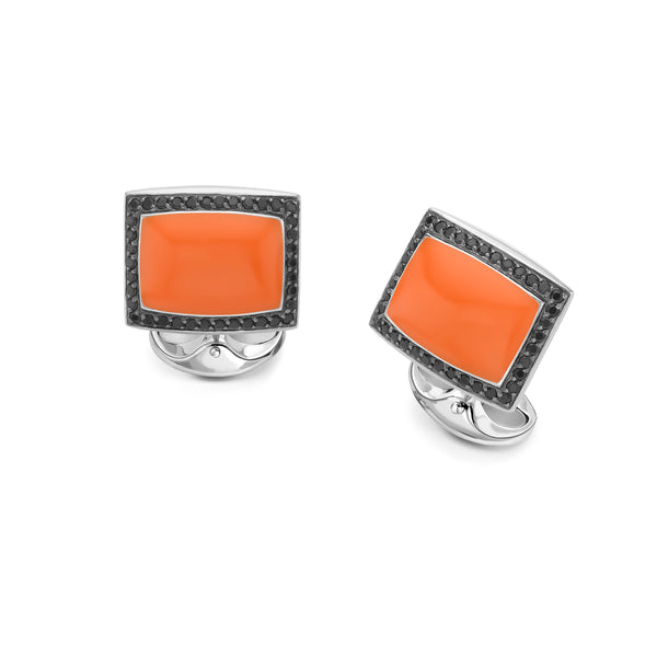 deakin & francis Sterling Silver Orange Enamel Cufflinks With Black Spinel Border