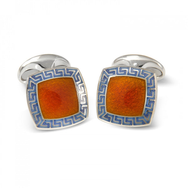 deakin & francis Sterling Silver Orange Enamel Cufflinks with Purple Patterened Border