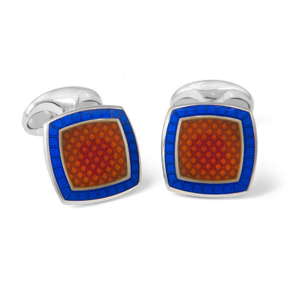 deakin & francis Sterling Silver Orange Enamel Cufflinks with Royal Blue Border