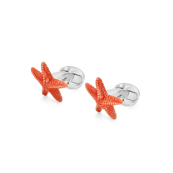 Deakin & Francis Sterling Silver Orange Enamelled Starfish Cufflinks