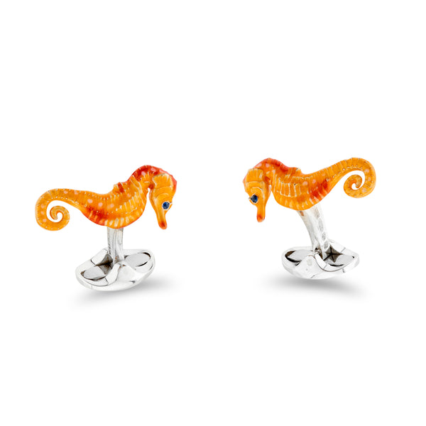 deakin & francis Sterling Silver Orange Seahorse Cufflinks With Sapphire Eyes