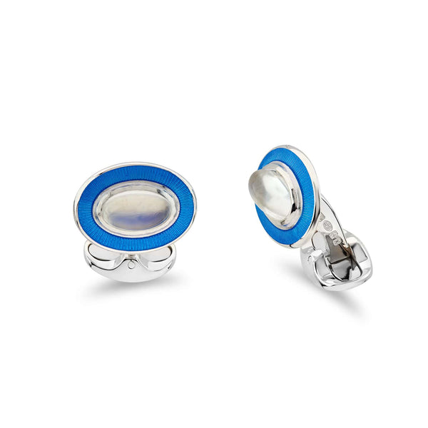 deakin & francis Sterling Silver Oval Cabochon Moonstone Cufflinks With Blue Enamel Border