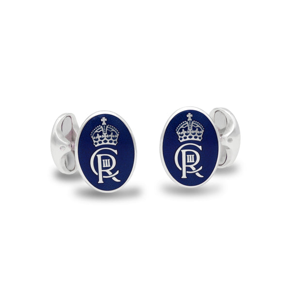 deakin & francis Sterling Silver Oval Enamel Coronation Cufflinks - Blue Cufflinks