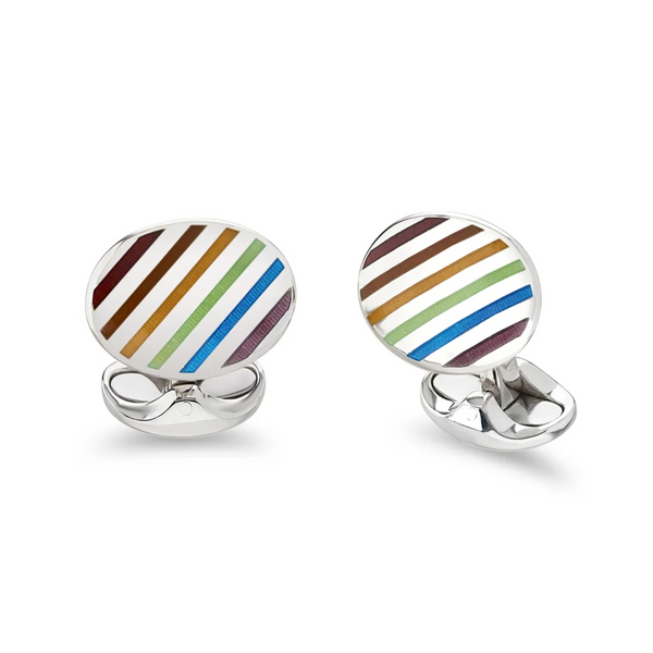 deakin & francis Sterling Silver Oval Rainbow Enamel Stripe Cufflinks