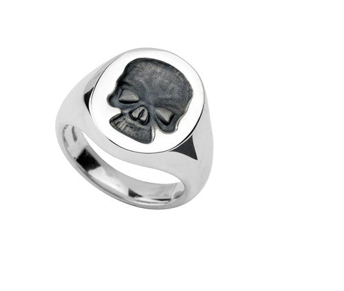 deakin & francis Sterling Silver Oval Signet Ring With Black Skull Seal (18.5x15mm)