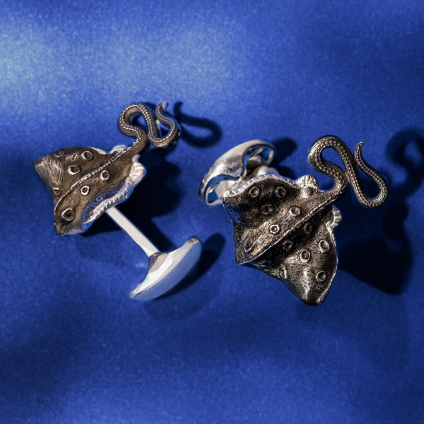 Deakin & Francis Sterling Silver Oxidised Black Stingray Cufflinks