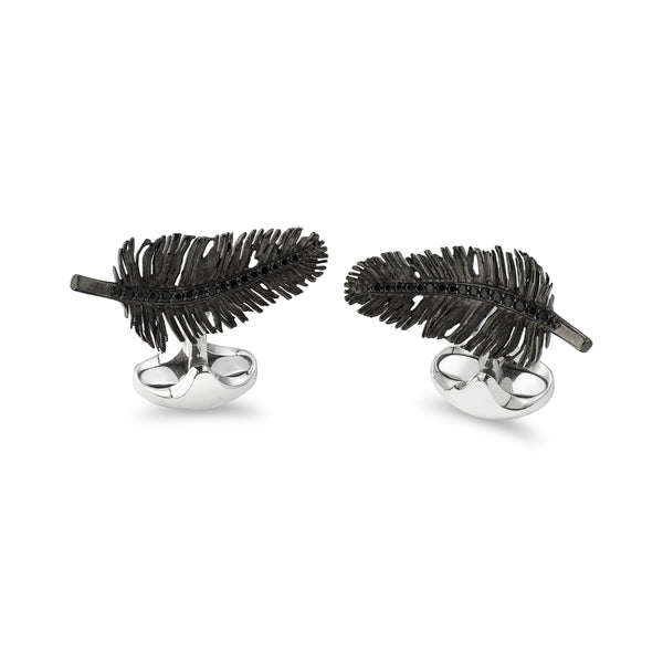deakin & francis Sterling Silver Oxidised Feather Cufflinks With Black Spinel