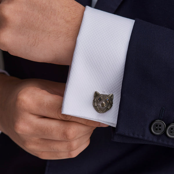 Deakin & Francis Sterling Silver Oxidised Nice & Angry Wolf Cufflinks With Sapphire/Ruby Eyes