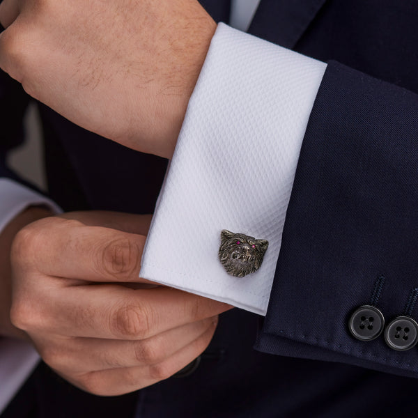 Deakin & Francis Sterling Silver Oxidised Nice & Angry Wolf Cufflinks With Sapphire/Ruby Eyes