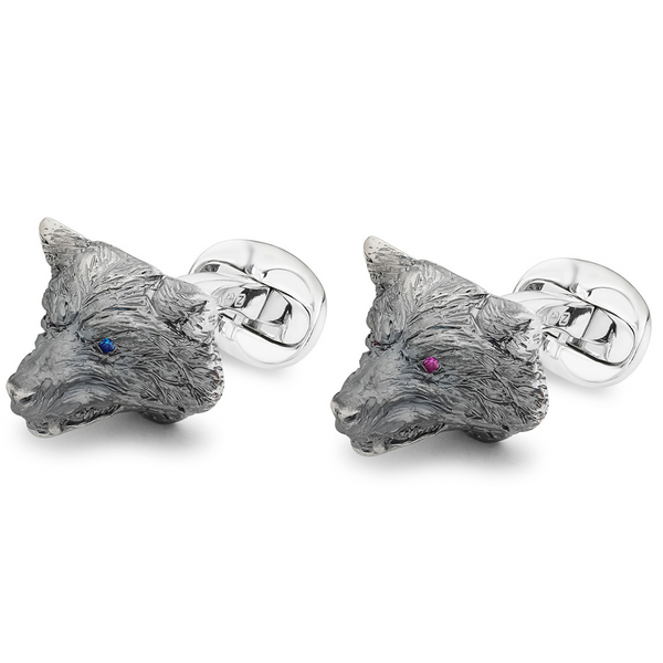 Deakin & Francis Sterling Silver Oxidised Nice & Angry Wolf Cufflinks With Sapphire/Ruby Eyes