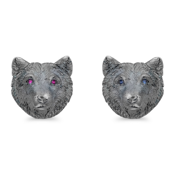 deakin & francis Sterling Silver Oxidised Nice & Angry Wolf Cufflinks with Sapphire/Ruby Eyes