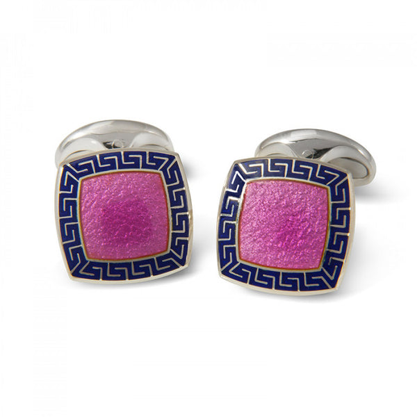 deakin & francis Sterling Silver Pink Enamel Cufflinks with Blue Patterened Border