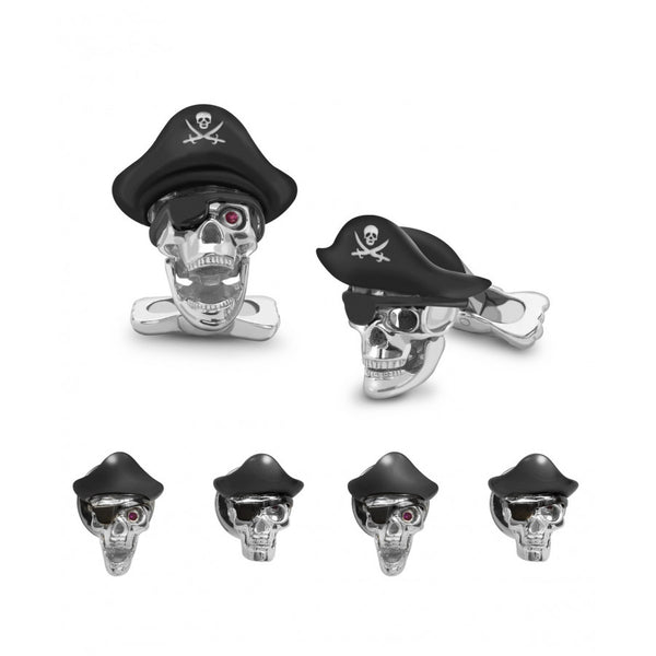 deakin & francis Sterling Silver Pirate Hat Skull Dress Stud Set with Ruby Eyes