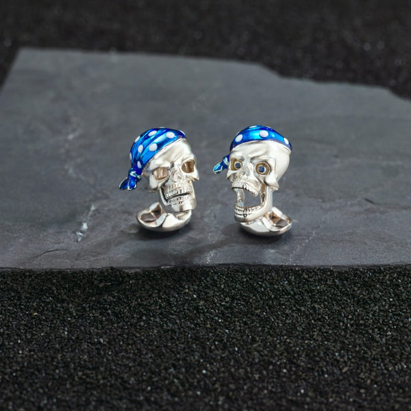 Deakin & Francis Sterling Silver Pirate Skull Cufflinks With Blue Bandana And Sapphire Eyes