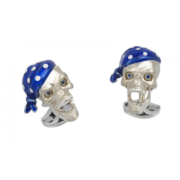 deakin & francis Sterling Silver Pirate Skull Cufflinks with Blue Bandana and Sapphire Eyes