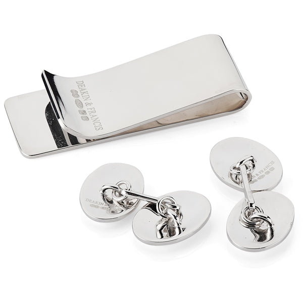 Deakin & Francis Sterling Silver Plain Oval Cufflinks And Money Clip Set