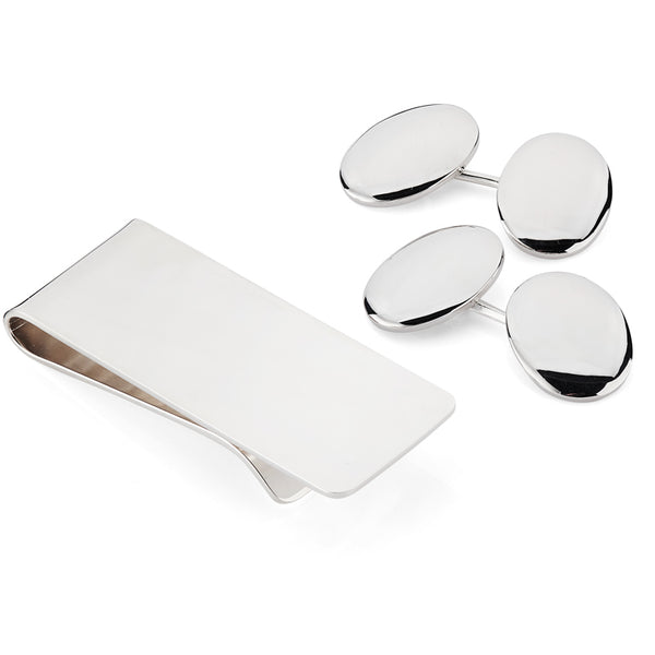 deakin & francis Sterling Silver Plain Oval Cufflinks and Money Clip Set
