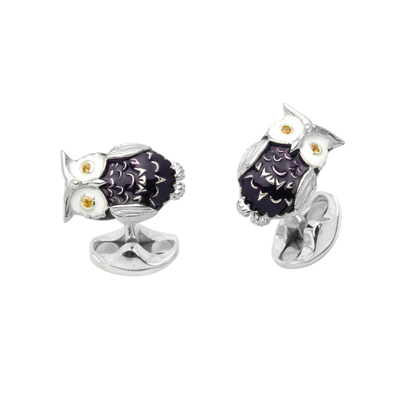 deakin & francis Sterling Silver Purple Enamel Owl Cufflinks With Citrine Eyes