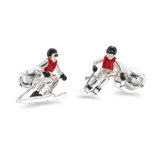 deakin & francis Sterling Silver Red And Black Enamel Skier Cufflinks