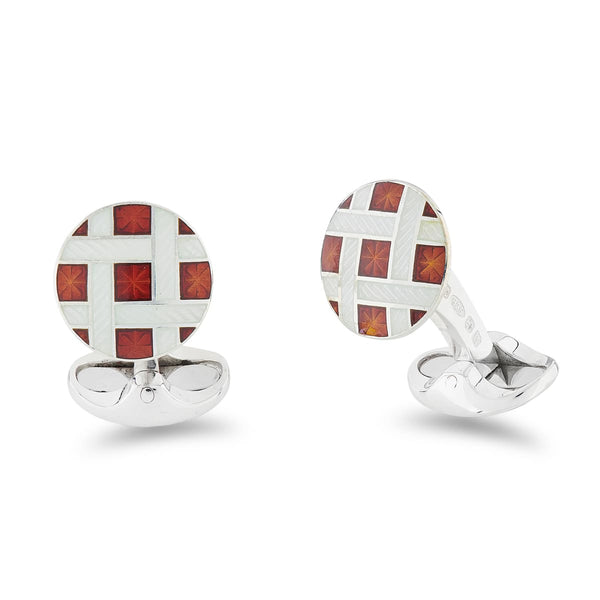 deakin & francis Sterling Silver Red And Clear Enamel Lattice Design Cufflinks