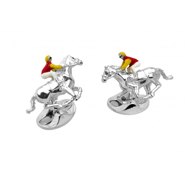 deakin & francis Sterling Silver Red and Yellow Horse & Jockey Cufflinks
